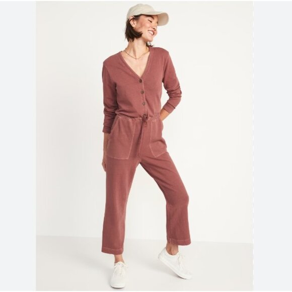 Old Navy Long-Sleeve Cropped French-Terry Utility Jumpsuit - Picture 1 of 8